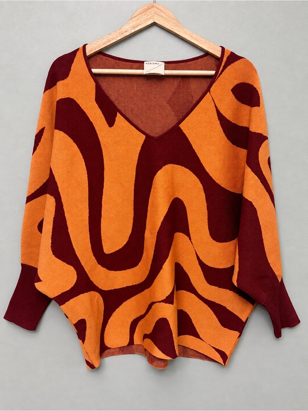 Kerisma Abstract Swirl Dolman Sweater Burnt Orange Burgundy Oversized M/L Artsy